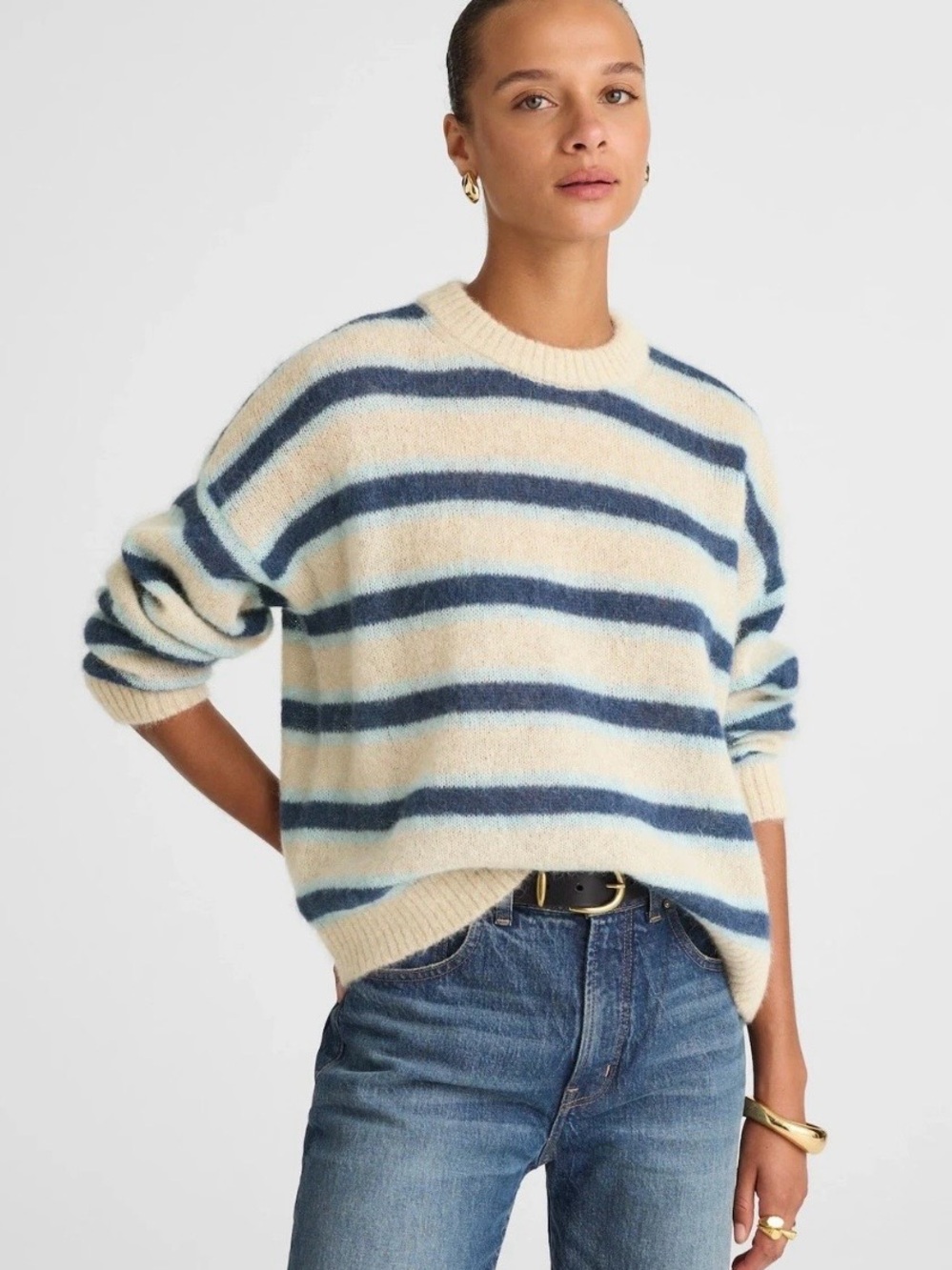 Madewell Striped Pullover Sweater in Alpaca Blend Seaspray Multi Stripe Medium